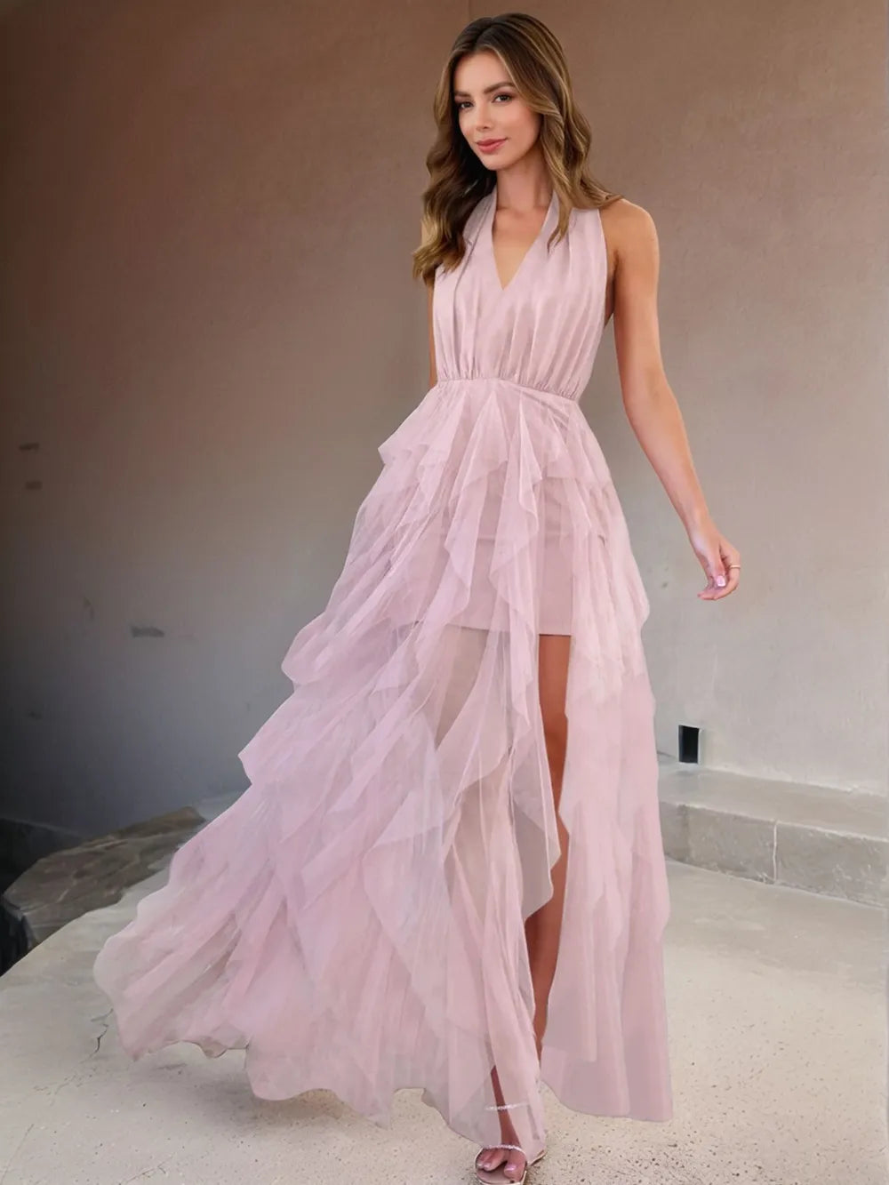 Vestido Midi con Abertura y Forro – Semi-transparente, Sin Stretch