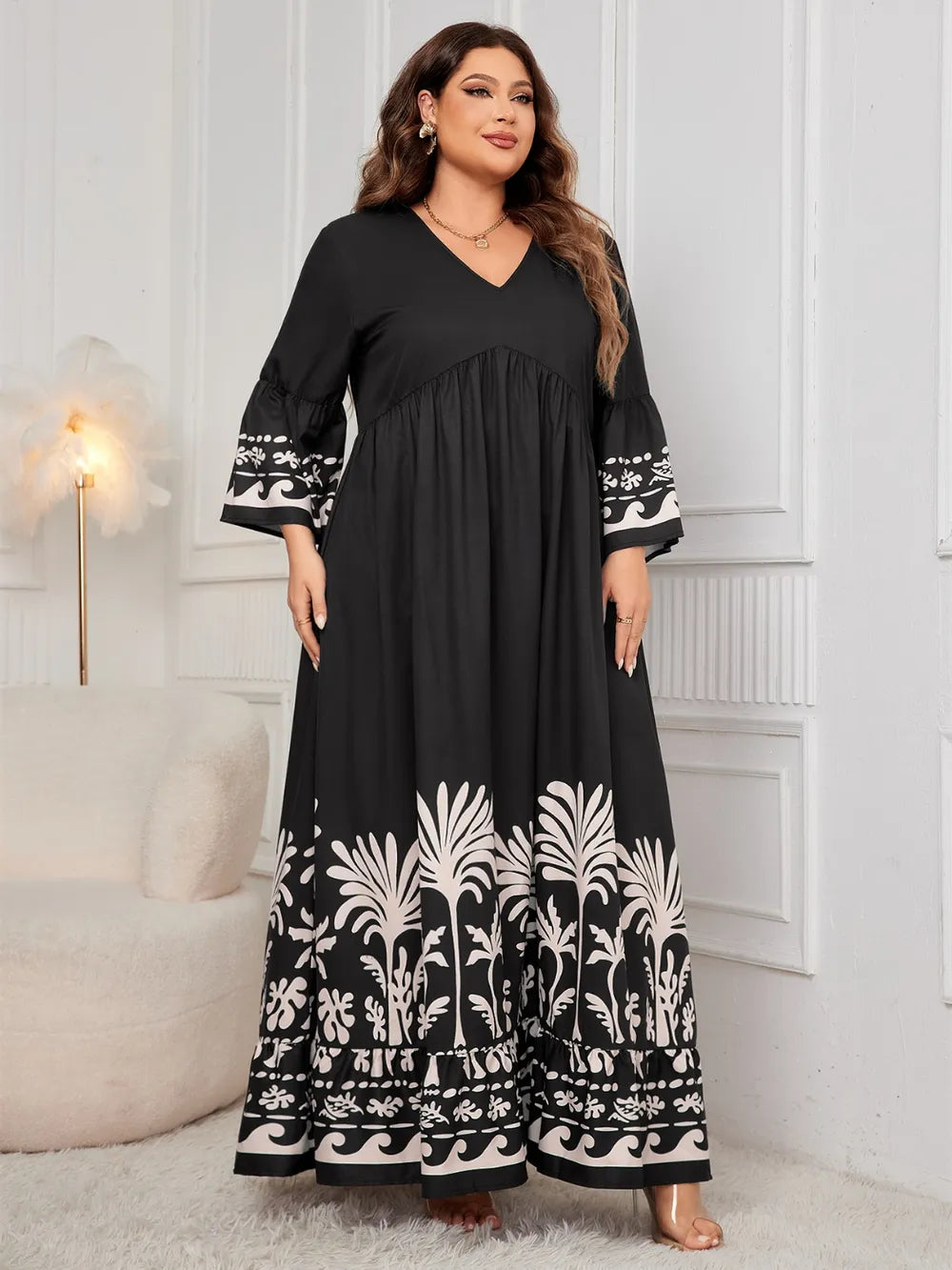 Vestido Maxi Plus Size con Estampado y Escote en V – Manga Larga y Estilo Fluido