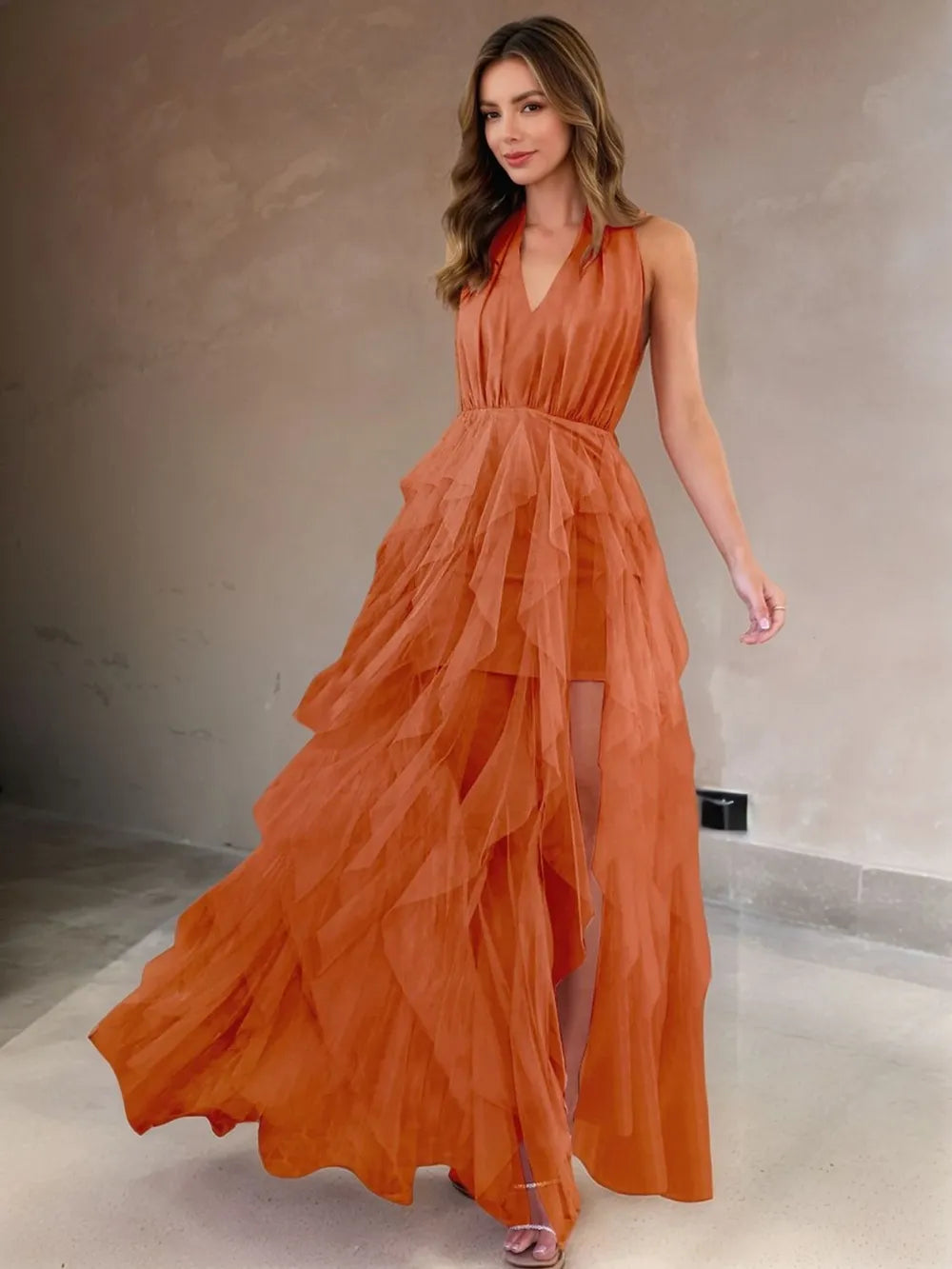 Vestido Midi con Abertura y Forro – Semi-transparente, Sin Stretch