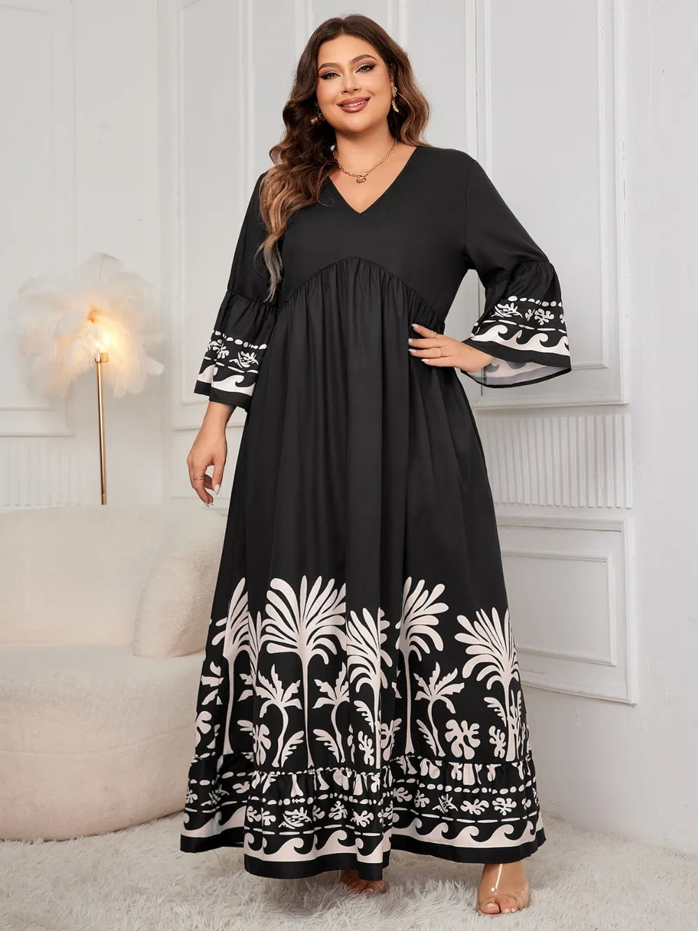 Vestido Maxi Plus Size con Estampado y Escote en V – Manga Larga y Estilo Fluido