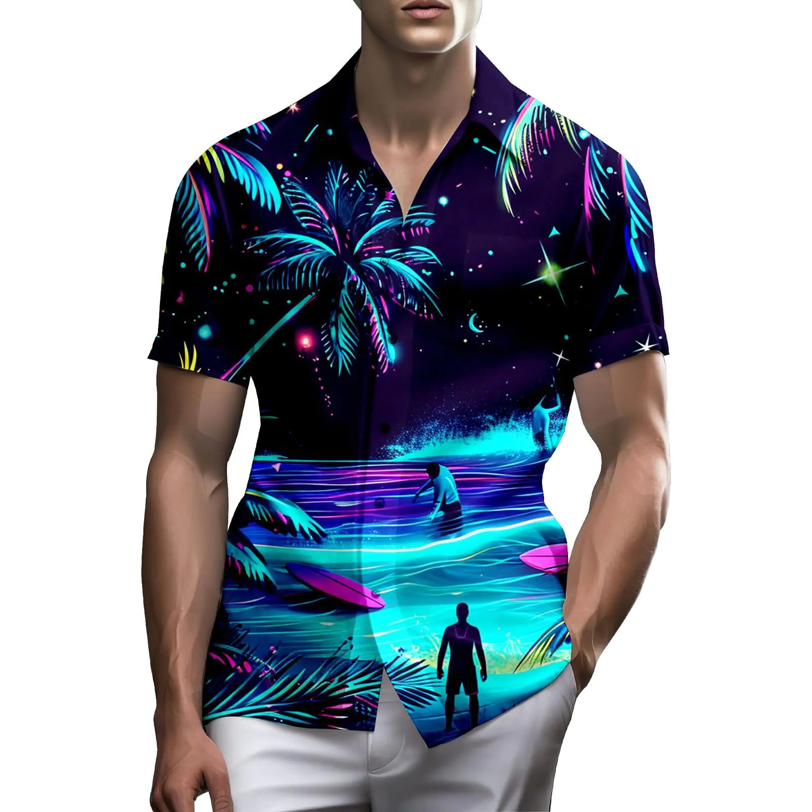 Camisa Retro 80s/90s Hombre – Neón, Hawaiana y Divertida