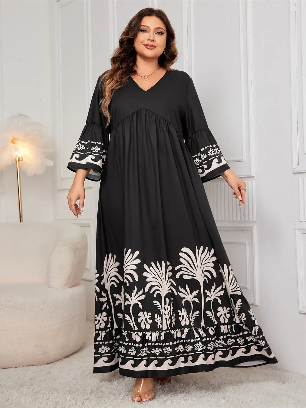 Vestido Maxi Plus Size con Estampado y Escote en V – Manga Larga y Estilo Fluido