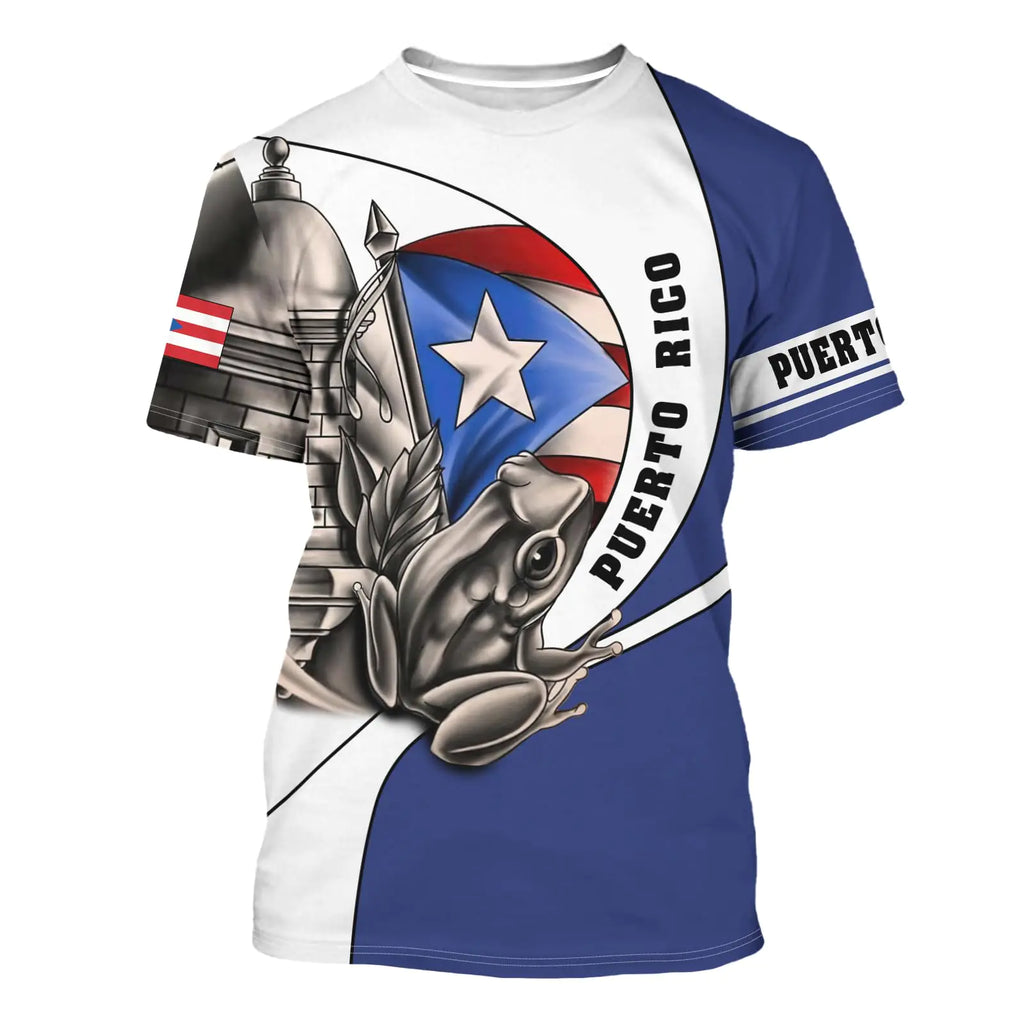 Camiseta DFZ Puerto Rico 3D – Clásica Unisex, Cuello Redondo, BlancoAzul