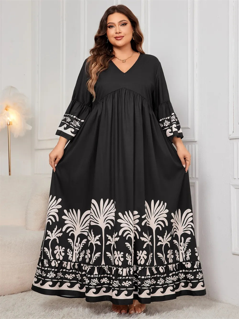 Vestido Maxi Plus Size con Estampado y Escote en V – Manga Larga y Estilo Fluido