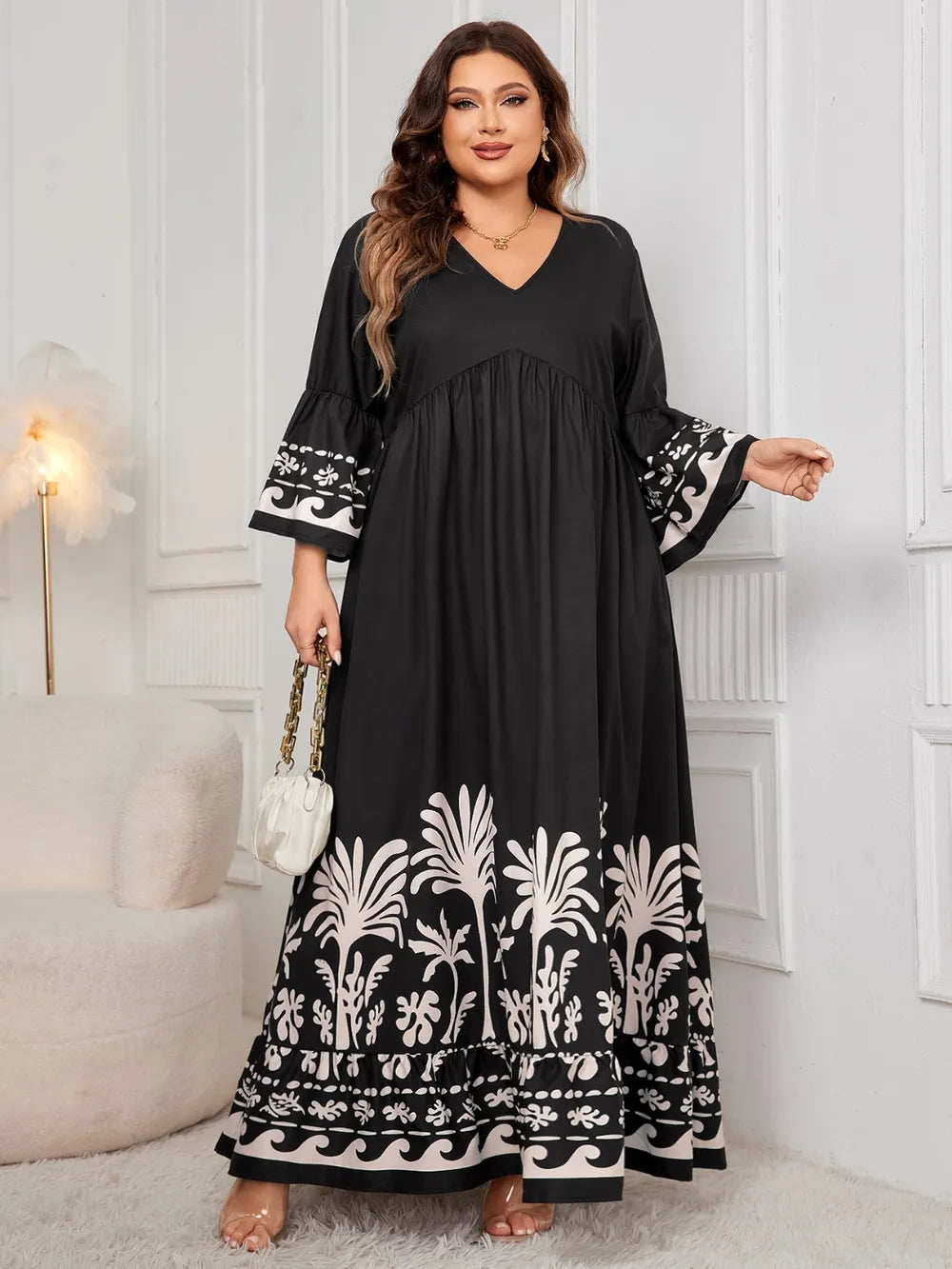 Vestido Maxi Plus Size con Estampado y Escote en V – Manga Larga y Estilo Fluido